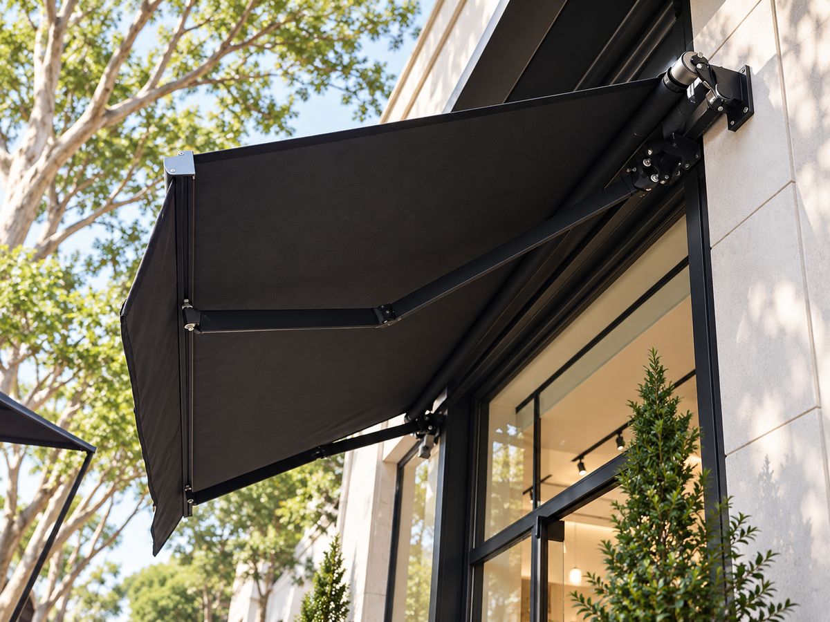 Toldo articulado preto sobre vitrine