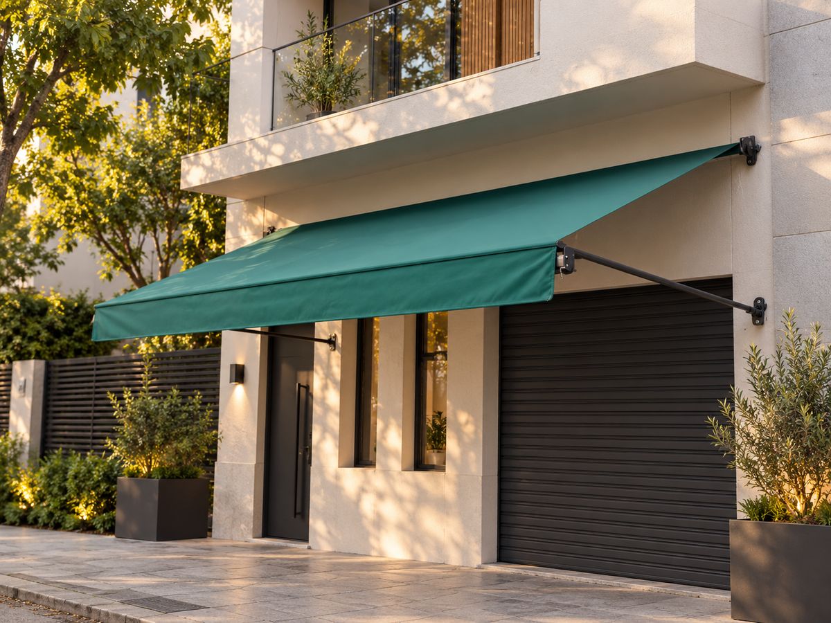 Toldo verde com braços projetados sobre porta