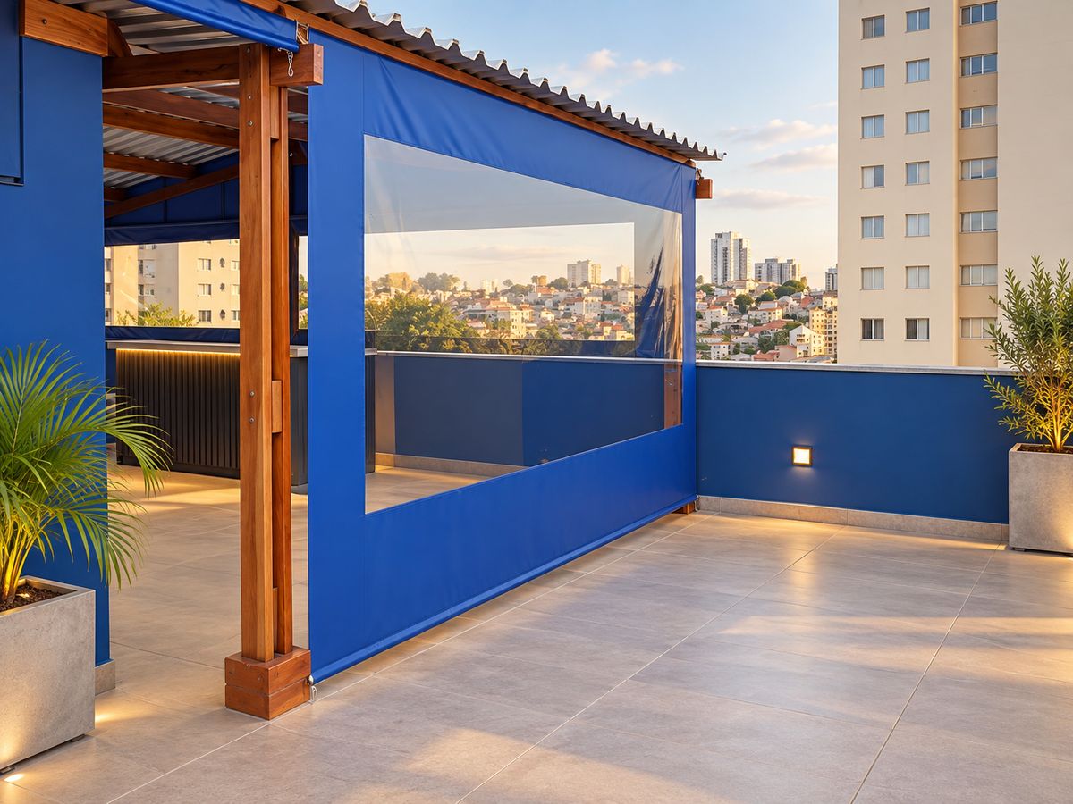 Toldo cortina azul com visor em terraço
