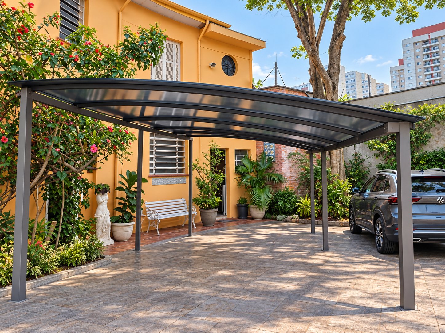 Cobertura de garagem em policarbonato em dia de sol