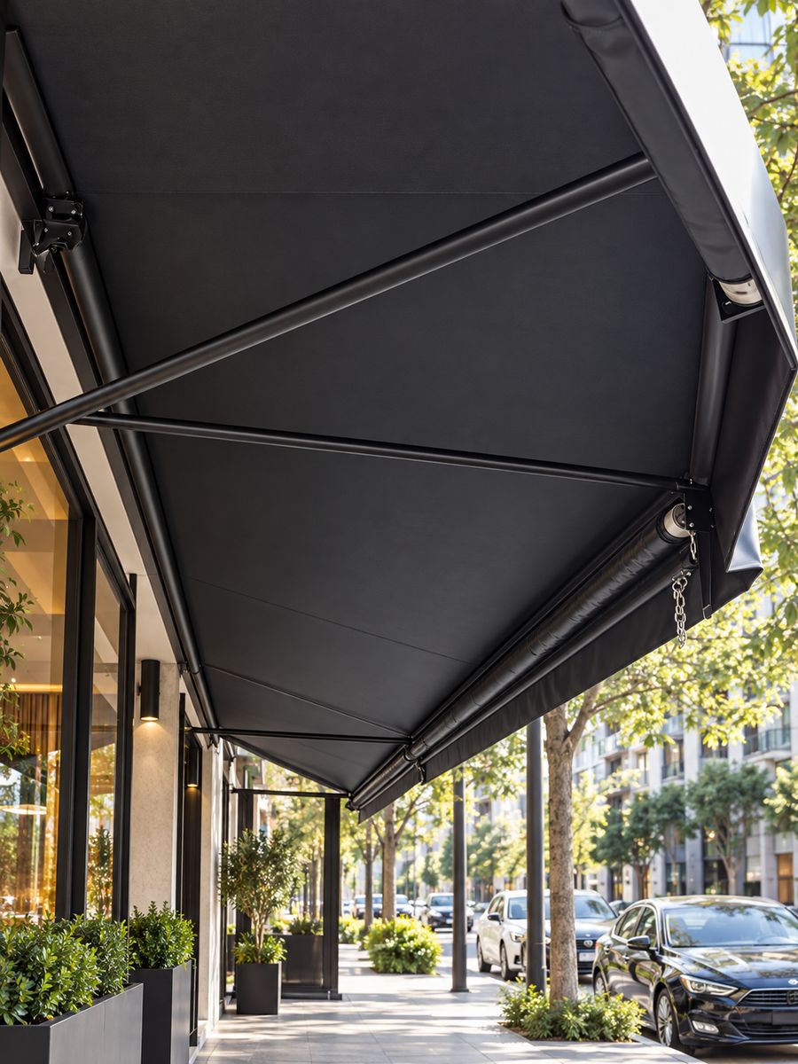 Toldo retrátil preto sobre fachada de café